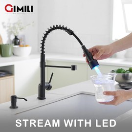 GIMILI Matte Black Kitchen Faucet with Pull Down Sprayer with Soap Dispenser Single Handle LED Kitchen Sink Faucet