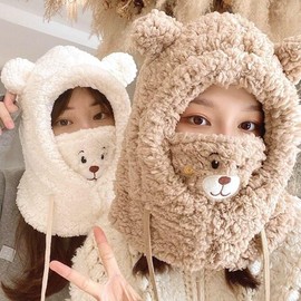 Cutie Bear Fluffy Balaclava Hooded Neck Warmer Fleece Mask Neck Warmer Brown/ONE 2ea