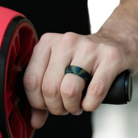 ROQ Silicone Rings, Breathable Silicone Rubber Wedding Ring Band for Men with Comfort-Fit Design, 8mm Beveled Edge, 4 Pack, Silicone Wedding Ring - Olive Blue Camo, Black, Blue, Green Colors - Size 10