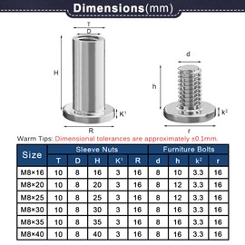 Drenky M8 X 20mm Connection Screws M8 Belt Buckle Binding Bolts 304 Stainless Steel Screw Post Rustproof Furniture Bolts Sleeve Nuts for Bed, Door, Table, Chair, Worktop, Cabinet, 10 Sets