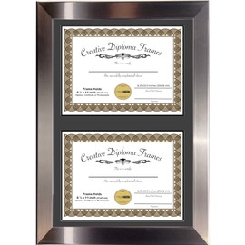 Creative Picture Frames 14"x20" Stainless Steel Finish Double Diploma Frame with Black Matting Holds Two 8.5 x 11 -inch Media and Installed Wall Hangers