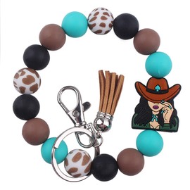 Phamines Silicone Beaded Turquoise Bracelet Keychains, Cowboy Bull Key Ring Keychain Wristlet Bangle Car Key Holder for Women (Western Cowgirl)
