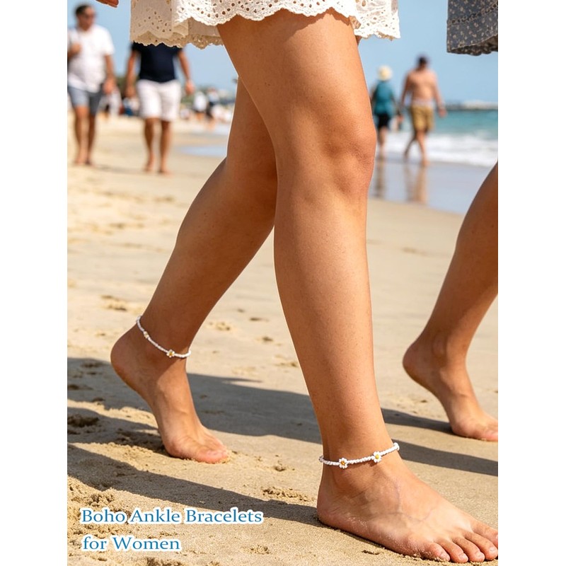 Ursumy Boho Ankle Bracelets for Women Summer Beaded Foot Chain