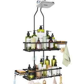 Skyapex Shower Caddy Hanging: Adjustable Height Organizer for Over Showerhead - Black Rustproof Shower Shelves with Hooks & 2 Soap Holders