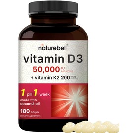 NatureBell Vitamin D3 50,000 IU + K2 200 mcg, 180 Softgels | Once-Weekly Formula with Coconut Oil | Max Strength Bone, Heart & Immune Support | MK-7 Form | Non-GMO
