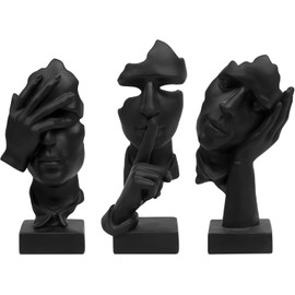 HUZHIBING 3 Pcs Thinker Statue, Silence is Gold Abstract Art Figurine, Hear No Evil Speak No Evil Statues, Resin Statues for Home Decor for Living Room,Office Bookshelf,Desktop(Black) (Black)