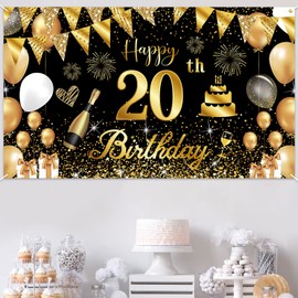 20th Birthday Banner Black Gold, BTZO 20th Birthday Women, Decoration 20th Birthday Girls, 20th Birthday Background Banner for 20th Party Birthday Decoration