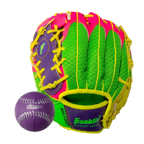 Franklin Sports Teeball Glove - Left and Right Handed Youth Fielding Glove - Meshtek Series - Synthetic Leather Baseball Glove - Ready To Play Glove - 9.5 Inch Left Hand Throw with Ball - Purple/Pink/Yellow