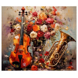 Violin Trumpet Art Jigsaw Puzzle 1000 Pieces Puzzles for Adults,Flower Instruments Jigsaw Puzzles for Challenging Family Activity Games Colorful DIY Graffiti Spaceman Puzzle for Home Decor Gifts