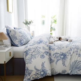 Blue Floral Duvet Cover Set Full Size 3 Pcs White Blue Duvet Cover with Flower Leaf Pattern Soft Breathable Microfiber Aesthetic Bedding Set Zipper Ties for Men Women Coastal Style