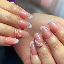 White French Tip Press on Nails Short Fake Nails with Flower Charms Almond Nails Press ons with Designs Acrylic False Nails Full Cover Glue on Nails Stick on Nails for Women Nail Decorations 24 Pcs
