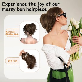 RPAEOY Hairpiece Hair Extensions Ponytail Extension Synthetic Wavy Curls Hairpiece Ponytail Extension Braid Hair Clip Short Bun Extension Synthetic Hairpiece for Women (Light Brown)