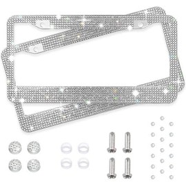 Crystal Bling License Plate Frames for Women - 2 Pack Handcrafted Acrylic Bedazzled Cover, Clear Crystal Stainless Steel Girly Queen Sparkle License Plate Frame Cute Diamond Shiny Black Sparkly Cover