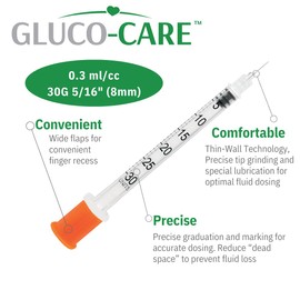 GLUCO-CARE 0.3 ml/cc Syringes 30G x 5/16’’ (8mm), Orange Cap, 10/bag