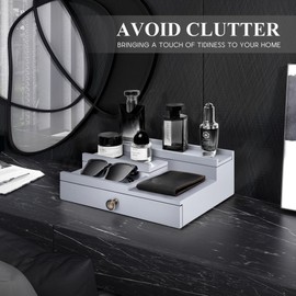 EOSAHR Modern Wooden Cologne Organizer for Men - 3 Tier Perfume Organizer with Storage Drawer and Hidden Compartment - Ideal Gift for your Boyfriend or Dad (Gray)