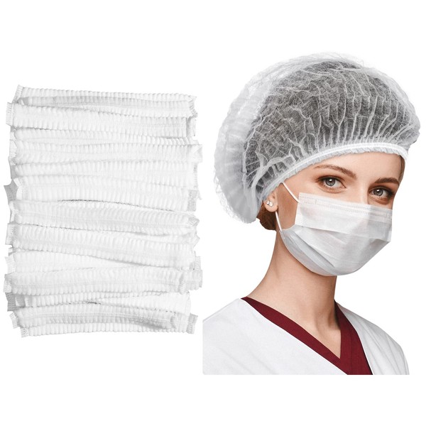 300 Pcs Disposable Bouffant Cap 24 Inch Non Woven Hair Net Caps Elastic Free Size Head Cover Net for Hospital Salon Spray Tan Home Industries Cosmetics Kitchen Cooking (White Color)