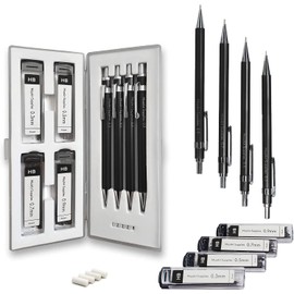 MozArt Mechanical Pencil Set with Case - 4 Sizes: 0.3, 0.5, 0.7 & 0.9mm with 30 HB Lead Refills Each & 4 Eraser Refills -Sketch, Drafting, Art, Drawing Supplies (Black)