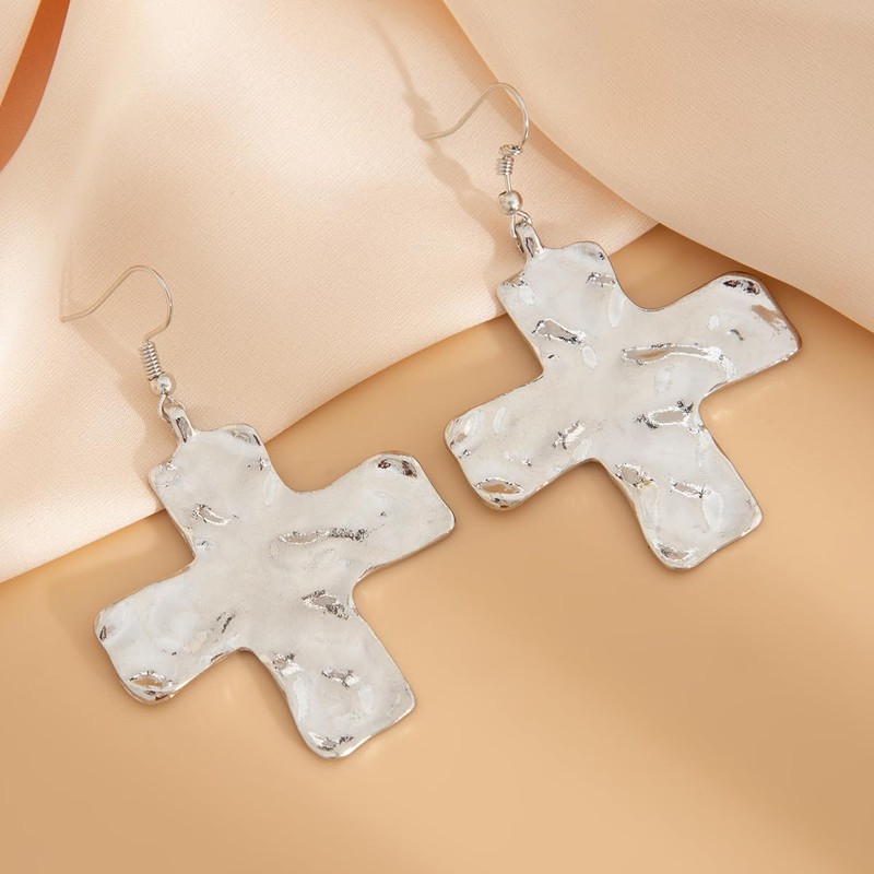 Chunky Gold Big Hammered Cross Drop Dangle Earrings for Women