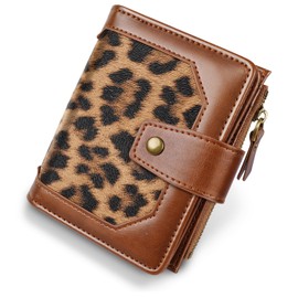 Women Leather Wallet RFID Blocking Small Bifold Zipper Pocket Wallet Card Case Purse with ID Window, Leopard