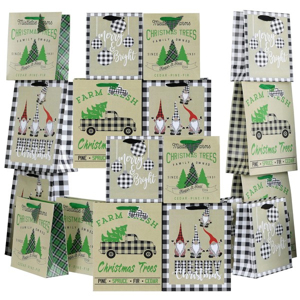 Iconikal Christmas Print Gift Bags, Farmhouse Plaid Designs, 24-Count