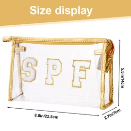 Hmxpls Clear Preppy Patch Makeup Bag, SPF Chenille Letter Bag for Beach, Clear Pouch with Zipper, Preppy Travel Bags Cosmetic Toiletry Bag for Women Girls Teens (Gold)