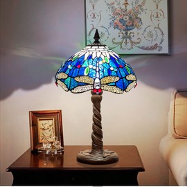 Capulina Tiffany Lamp Table Lamp Sea Blue Dragonfly Style Reading Desk Light 20 Inch Tall 12 Inch Wide for Small Space of Living Room Bedside Bedrooms Study Home Office