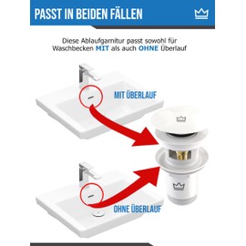 FEINER® Universal Sink Drain Fitting – White – Suitable for Sinks and Washbasins with and without Overflow, Plug Removable with Hair Catcher, Free Seals & Installation Instructions (English language