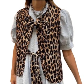 MANGMAO Leopard Print Tie Front Tops for Women Y2k Vest Top Waistcoat Cheetah Print Bow Top Fashion Casual Vests, Leopard, Large