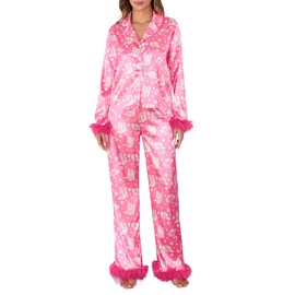 Owl's-Yard Women's Pajama Sets Cartoon Print Silk Pajamas Button Down Shirts with Wide Leg Pants 2 Piece Loungewear (A-Rose Red, L)