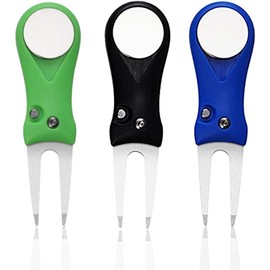 LOVMEAD Pack of 3 Golf Divot Tool with Golf Ball Marker, Foldable Stainless Steel Golf Divot Tool, Golf Divot Repair Tool, Golf Training Accessories for Golf Repair Accessories (Black + Green + Blue,
