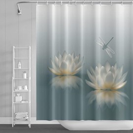 SDOTPMT Lotus Flower Shower Curtain, Sweet Dragonfly, Zen Spa Bath Curtain, Elegant Flowers, Spiritual Meditation for Female Bathtub Curtain, Waterproof for Bathroom, Bath Curtain with Hooks, 180 x