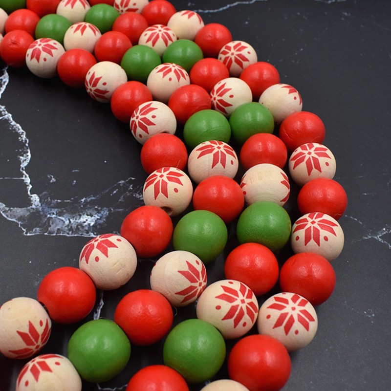 Christmas Wood Bead Garland - Green Red Rustic Wooden Beads