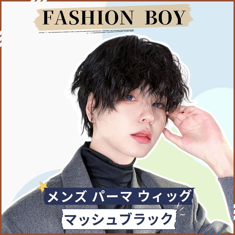 FORCUTEU Men's Wig, Black, Short, Perm, Black Hair, Full Wig,