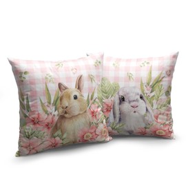 Kwlegh Easter Bunny Pillow Covers 18x18 Set of 2 Spring Floral Decorative Pillowcase Cute Rabbit Cotton Linen Cushion Case Pink Plaid Throw Pillow Covers for Sofa Patio Outdoor