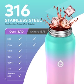 WEMEET Water Bottle With Removable Straw and Chug Lid 32OZ, 18/10 Stainless Steel Metal Bottle Keep Cold 48H Hot 24H for Sports, Gym, Travel, and School(GREEN PINK PURPLE)