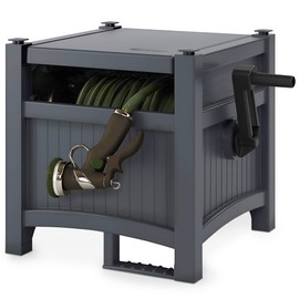 Suncast Garden Hose Hideaway Storage Reel Box, Cyberspace Grey – Resin Outdoor Container, Holds up to 100 Feet of 5/8 Inch Standard Vinyl Water Line – No Assembly Required