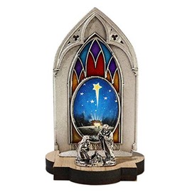 Eurofusioni Collectors Gothic Nativity Set with Image - Silver Plated Miniature Nativity Scene with wooden base - Christmas decoration