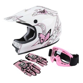 DOT Youth Kids Motocross Offroad Street Dirt Bike Helmet Youth Motorcycle ATV Helmet with Goggles Gloves Pink Butterfly M
