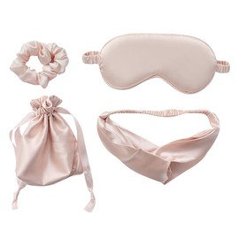 UUYYEO 4 Pcs Artificial Silk Sleep Masks Hair Scrunchies Headband and Pouches Soft Eye Mask Cover Stain Blackout Blindfold for Sleeping Wedding Bridesmaid Gifts Light Pink