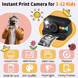 JOYTRIP Instant Print Camera for Kids, Christmas Birthday Gifts for Boys Girls Age 3-12, 48MP Photos 1080P Digital Video Camera, Portable Travel Toddler Toy with 32GB Card Black