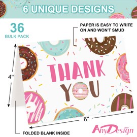 AnyDesign 36 Pack Donut Thank You Cards with Matching Seal Stickers Envelope Assorted Cartoon Doughnut Greeting Blank Note Cards for Baby Shower Wedding Birthday Party Business Stationery