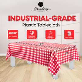 Red Gingham Checkered 6 Pack Premium Disposable Plastic Picnic Tablecloth 54 Inch. x 108 Inch. Rectangle Table Cover by Grandipity
