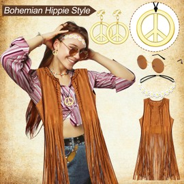 Hippie Costume Women's Vest 6 Pieces Boho Retro Hippie Clothing Women's Set 60s 70s Clothing Women's Disco Outfit Carnival Cowgirl Costume Women's Hippie Top Brown Fringe Vest Woman Fancy Dress XXL