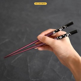 Wakasa-Nuri Lacquered Wooden Chopsticks, Ginmai Cherry Blossom Design, Handcrafted Wood Gift Box, Made in Japan (Blue)