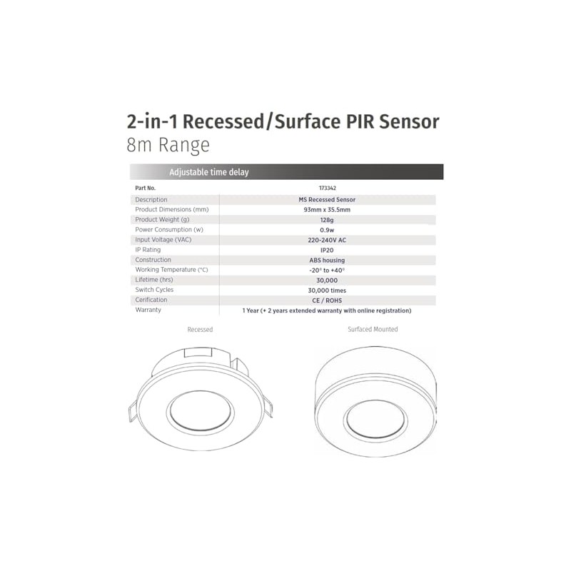Bright Source 2-in-1 PIR Sensor, Dual Recessed or Surface Mounting,