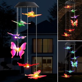 MorTime 25" LED Solar Wind Chime, Color Changing Solar Butterfly Wind Chimes Mobile Hanging Wind Chime for OutsideHome Garden Decoration