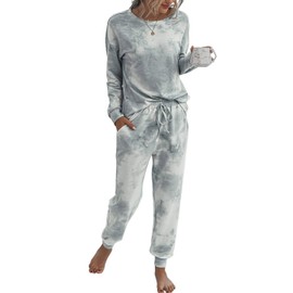 TSMNZMU Women's Pajama Sets Tie Dye Two Piece Sleepwear Long Sleeve Pullover Tops with Long Pants with Pockets Joggers Nightwear PJ Sets Loungewear Printed Lounge Set Gray