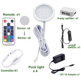 AIBOO RGB Color Changing LED Under Cabinet Lights Kit, Aluminum Slim Multi Color Puck Lights for Kitchen Counter Furniture Holiday Ambiance Christmas Decor Lighting (4 Lights)