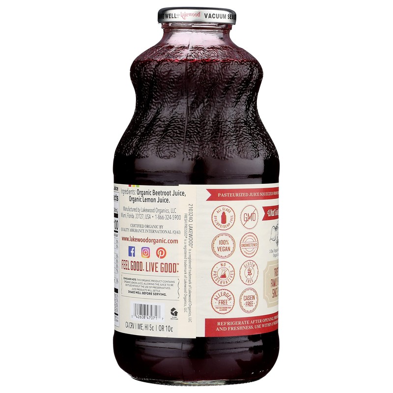 Lakewood Organic Pure Beet, Fresh Pressed, Beetroot, Bottle,Can, 32 Fl