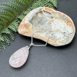 Rose Quartz Drop Pendant Necklace - Spiritual Love Charm on Nickel Free 16 Inch Silver Plated Curb Chain